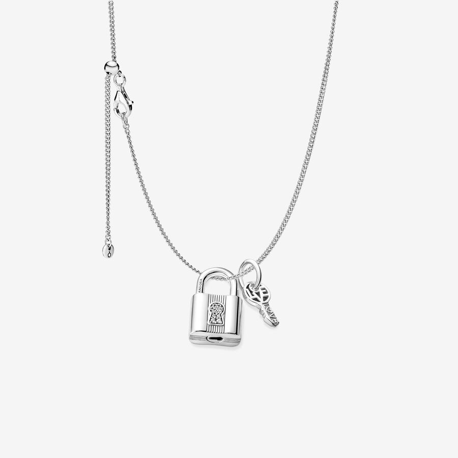Silbernes Vorhängeschloss und Schlüssel-Halsketten-Set